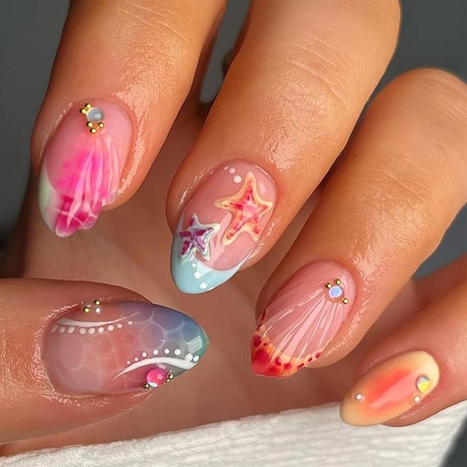 30Pcs Summer Press on Nails French Tip Medium Almond Fake Nails with 3D Starfish Designs Summer Beach False Nails Rhinestone Glue on Nail Handmade Full Cover Acrylic Nails for Women