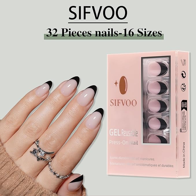 French Tip Press on Nails, Short Press on Nails Almond Reusable Glossy Soft Gel False Nails Black Press ons for Women, 16 Sizes 32 Count Nails Kit with Glue (SV-02)
