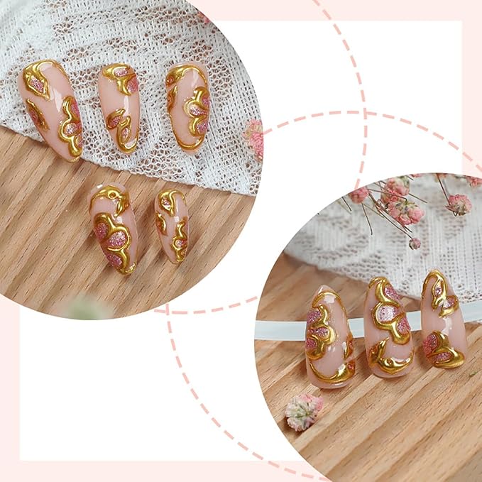 24Pcs Gold Press on Nails Medium Almond Fake Nails with Pink Glitter Glue on Nails Gold Chrome Full Cover Nail Tips French False Nails Pink Acrylic Nails Glossy Stick on Nails for Women Manicure