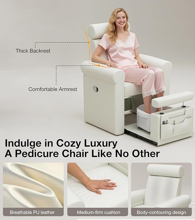 Icoget Professional Pedicure Chair No Plumbing, Reclining Pedicure Station Pipeless with Retractable Base and Adjustable Legrest Used in Salons, Home, Waterproof Foot Spa Chairs, White