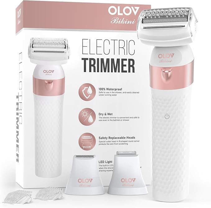 Bikini Trimmer for Women, IPX7 Waterproof Wet & Dry Electric Razors for Women, Bikini Legs Underarm Pubic Hairs Rechargeable Electric Shaver with 3 Trimmer Heads, Rose Gold