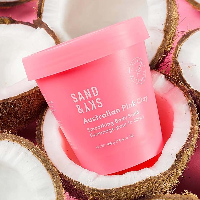 Sand & Sky Australian Pink Clay Exfoliating Body Scrub with Macadamia Oil - Smoothing Shimmer Body Polish for Cellulite Reduction, Helps with Keratosis Pilaris, 6.8 oz