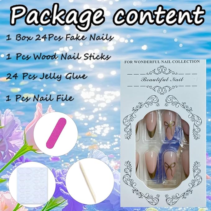 Gold French Tip Press on Nails Almond Medium Fake Nails Bow Glue on Nails Reusable Full Cover Gold Nail Tips Stick on Nails Glossy Nude Pink Acrylic Nails Press ons False Nail for Women Manicure 24Pcs