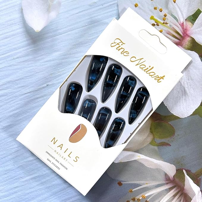 Dark Blue Almond Tip Press on Nails Extra Long Black Butterfly Pattern Design Full Cover Glossy Acrylic Fake Nails Blue Smudge Artificial Fingernails 24Pcs DIY Reusable Glue on Nails for Women