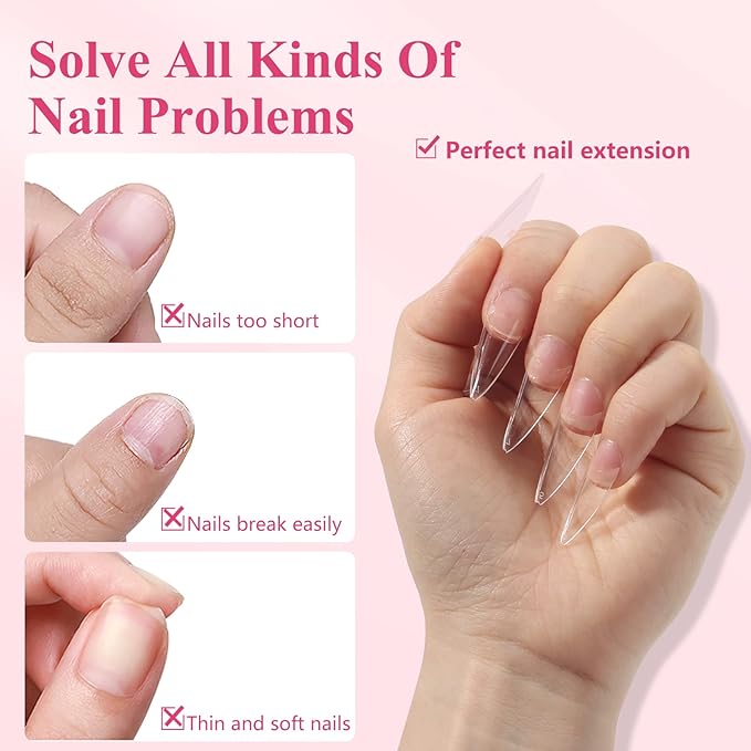 Quaferen Clear Stiletto Nail Tips, 500PCS Half Cover Soft Gel Nail Tips Medium Stiletto False Nails Almond Shape Curved Tips for Acrylic Nails Salon Home DIY with Box 10Sizes