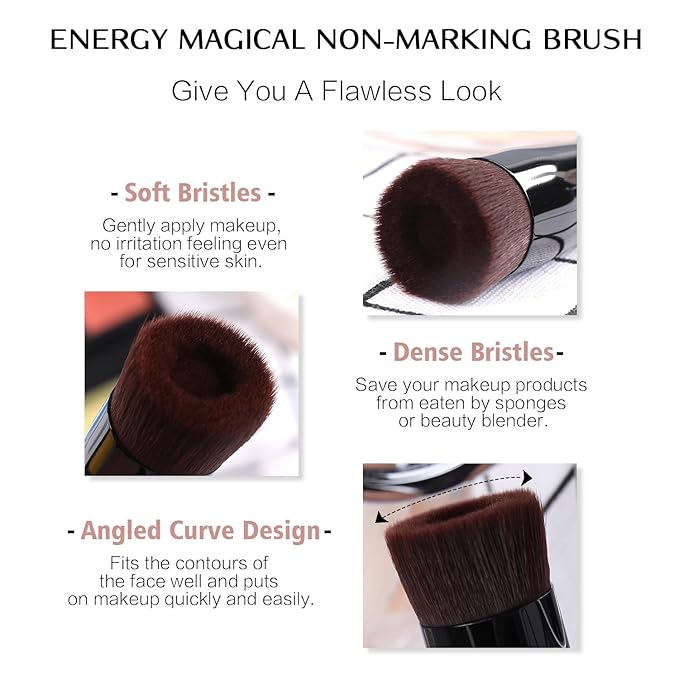 ENERGY Foundation Brush for Liquid Makeup Flat Top Kabuki Makeup Brush Professional Vegan Synthetic for Liquid Cream Powder Blending Perfect Concave Face Makeup Brush