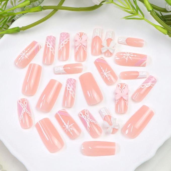 Winter Press on Nails Medium Square Fake Nails Pink White French Nails Press ons with 3D Bow Snowflakes Designs Xmas False Nails for Women 24Pcs