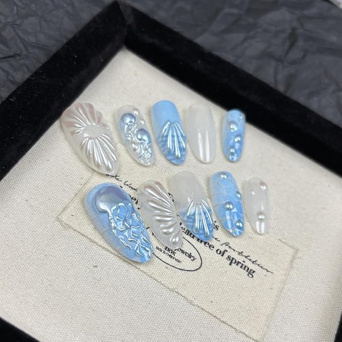 30Pcs Summer Beach Press on Nails Medium Almond Fake Nails 3D Blue Jellyfish with Rhinestones Glitter Designs Full Cover French Tip Stick on Nails Ocean False Nails for Women Girls Acrylic Nail Art
