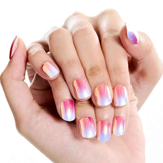 GLAMERMAID Extra Short Press on Nails 24PCS, Pink Blue Chrome Fall Gel Glue on Nails, Glossy Round Reusable UV Finish Fake Nails Acrylic False Nails Manicure Kits for Women