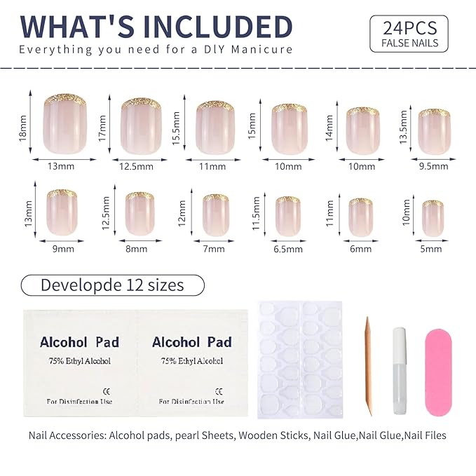 Press On Nails Short Square, Pink Fake Nails with French Tips and Gold Border Accent Glitter Designs, Glossy Gel Finish Acrylic Nails Press Ons Short, Thick Natural Reusable Glue On Nails Kit