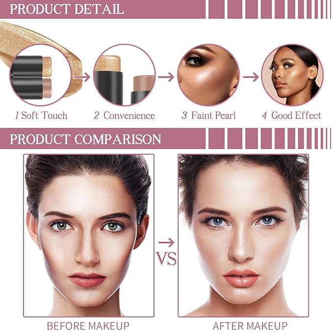 3-in-1 Cream Contour Stick with Highlighter, Bronzer, Illuminator & Blush, Face Contour Stick Makeup with Brush & Sponge, Long Lasting