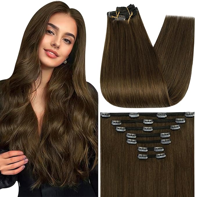 Full Shine Brown Clip in Human Hair 7 Pcs Natural Brown Clip in Extensions Real Human Hair Triple Weft Clip in Hair Extensions Brazilian Remy Hair for Short 12 Inch 95 G