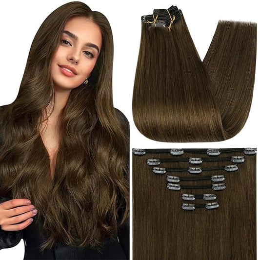Full Shine Human Hair Clip in Extensions 14 Inch Brown Clip in Hair Extensions Real Human Hair Straight Medium Brown Hair Extensions for Women 7 Pcs 120 G