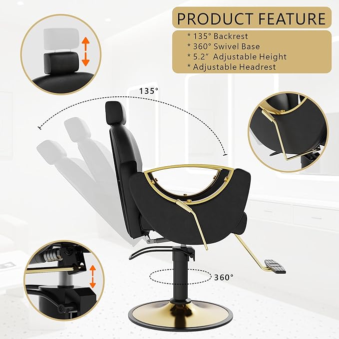 Barber Chair, Reclining Hair Salon Chair, 360 Degrees Swivel Styling Chair, Height Adjustable Hydraulic Shampoo Chairs, Spa Equipment (Black)