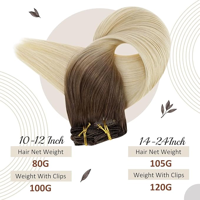 Full Shine Blonde Clip in Hair Extensions Ombre Dark Brown to Platinum Blonde Human Hair Clip in Extensions Straight Invisible 120 Grams 22 Inch