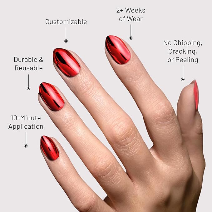 Lilac St - Press on Nails, Cherry Plated (30 Nails, 15 Sizes) - Short, Almond, Chrome + Glossy, Opaque - Brush-On Nail Glue, Nail File, Cuticle Stick, Prep Pad - Reusable - Cruelty Free, Vegan