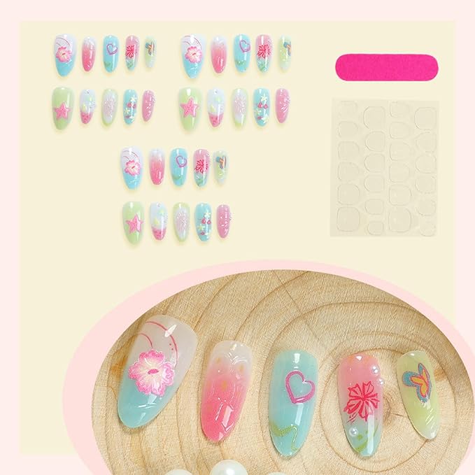 30Pcs Flower Press On Nails Medium Almond Nails With 3D Colorful Summer Sea Starfish Designs French Tips & Cute Heart Lemon False Nails Ocean Beach Press Ons Handmade Nails Pearl for Spring