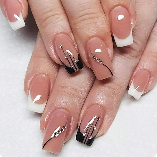 White French Tips Press on Nails 24Pcs Rhinestones Short Square False Nails Crystal Gel Glue on Nail Elegant Stick on Fingernails Glossy Black Curve Line Acrylic Fake Nail for Coquette Women Girls