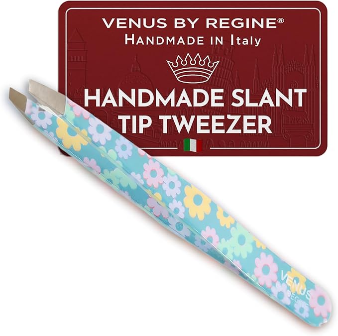 Venus by Regine Slant Tweezers - Handmade Precision Tool for Women & Men, 25-Degree Angle for Shaping Eyebrows & Grooming Facial Contours, Suitable for Eyebrow & Facial Hair Removal (Small Flowers)