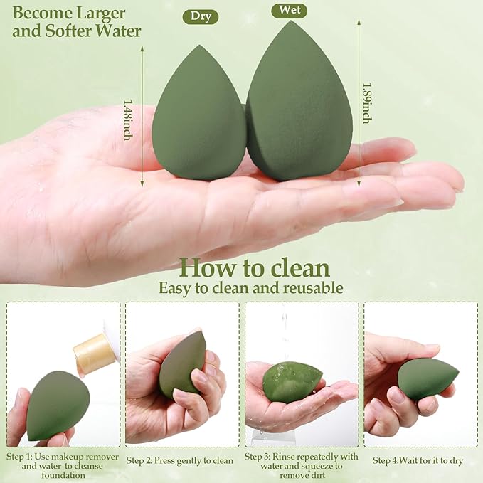 14 Pcs Makeup Sponge Set, Beauty Sponges Blender with 4 Pcs Powder Puff and 4 Pcs Mini Make up Sponges St. Patrick's Day Gift for Liquid,Foundation,Powder,Concealer,Cream (Green)