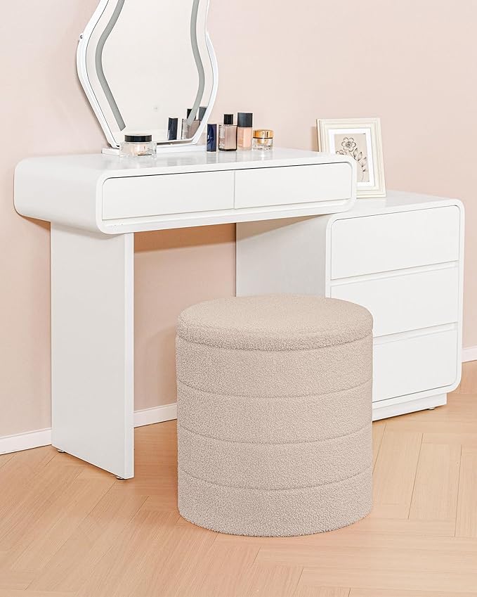 B FSOBEIIALEO Ottoman with Stroage, Round Sherpa Storage Ottoman Stool, Boucle Foot Rest 16.9"x16.9"x17.7"（Beige