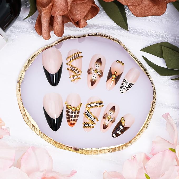 Fall Almond Press on Nails Medium French Tip Fake Nails Luxury Gold Beads Glue on Nail Brown Handmade Acrylic Nails Autumn Flower False Nail Leopard Print Tip Stiletto Stick on Nail for Women 24Pcs