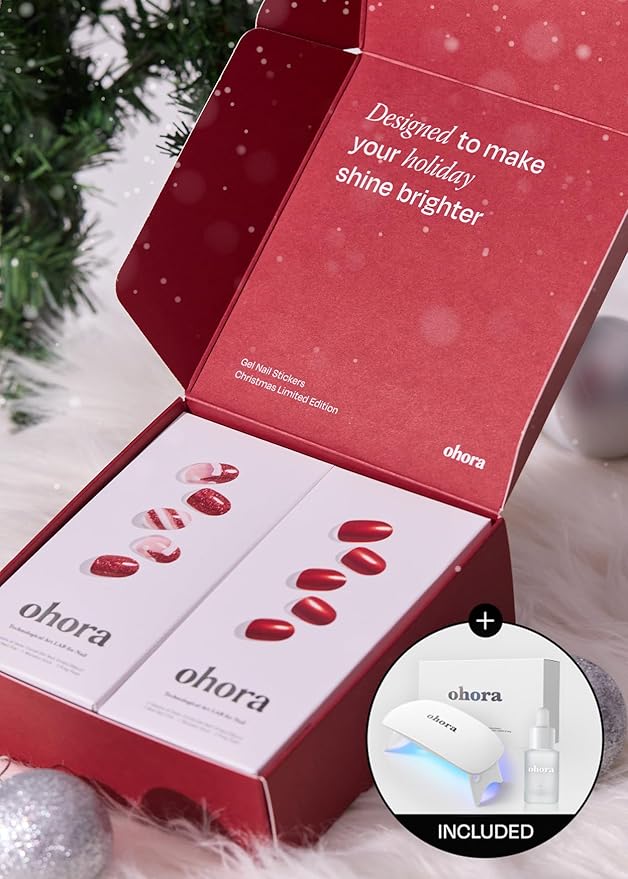 ohora Semi Cured Gel Nail Strips ([2025 Christmas Set] N Santa Cane & N Red Chrome) - Works with Any Lamps, Salon-Quality, Long Lasting, Easy to Apply & Remove