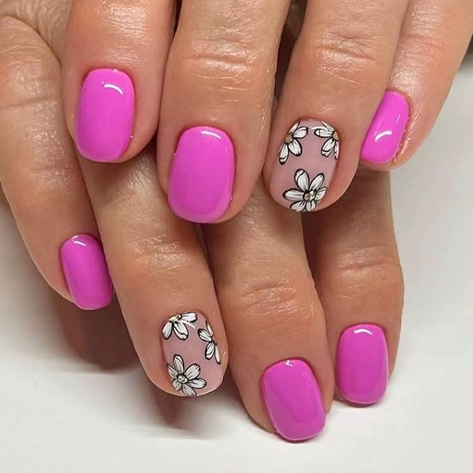 48Pcs Flower Press on Nails Kit - Short Square Fake Nails with Cute Multi-Color Floral Designs Glossy Solid Color False Nails Spring Press ons Flower Stick on Nails Summer Decor for Women Daily Wear