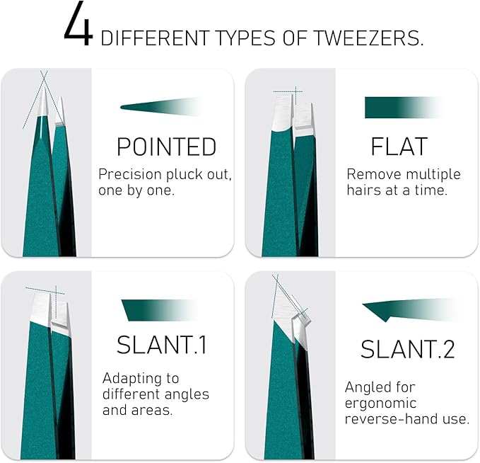 Upgraded Sharp Precision Tweezers for Facial Hair & Chin Hair, Slanted Design for Women & Men Eyebrow Plucker, Great with Travel Mirror Case (Green)