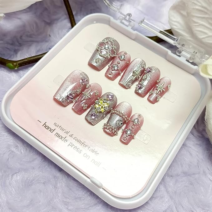 10Pcs Christmas Press on Nails Long Square Handmade Fake Nails with 3D Snowflake Star Gems Design Pink Glitter False Nails Xmas Stick on Nail Winter Glue on Nails Full Cover Artificial Nail for Women