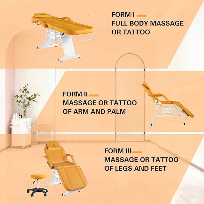 Facial Chair Massage Table 73in 3-Section Multipurpose Massage Bed Professional Tattoo Chair Salon Spa Equipment for Facial Spa Beauty Spa Salon Equipment-Orange
