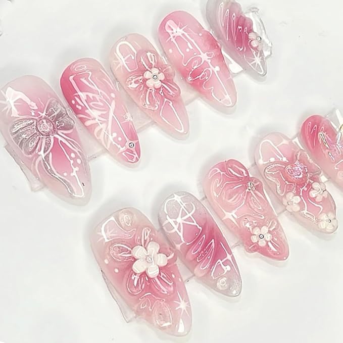 24Pcs Pink Press on Nails Medium Almond Fake Nails 3D Flower False Nails Cute Glossy Glue on Nails with Bow Designs Pink Almond Shaped Artificial Nails Full Cover Stick on Nails for Women Manicure