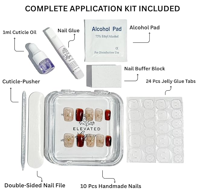 Large-Molten Luxe Fake Nails Press-On Manicure Kit for Women | French Tip 10 Nails | Nail Glue, Dual Nail File, Cuticle Stick, Buffer Block | Measure Before Ordering