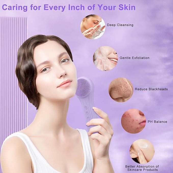 Silicone Face Scrubber Exfoliator, Silicone Face Wash Brush for Men & Women, Ipx7 Waterproof Rechargeable Facial Cleaner for Deep Cleansing, Exfoliating, Massage Face Scrubber (Purple)
