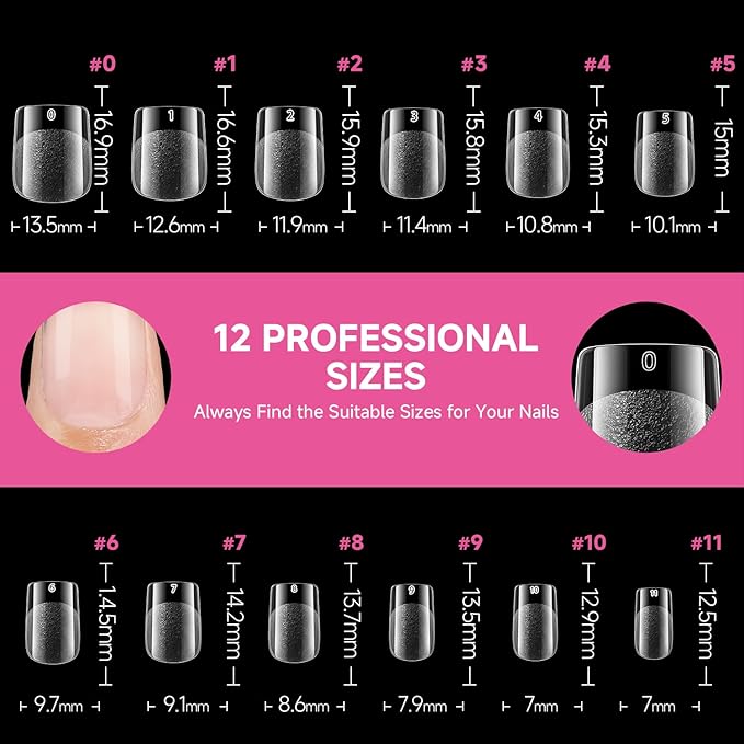 UNA GELLA Extra Short Square Nail Tips, 312pcs XS Square Gel Nail Tips, Soft Gel Full Cover Half Matte No Need File Acrylic Fake Nails for Nail Extension Home DIY Nail Salon 12 Sizes