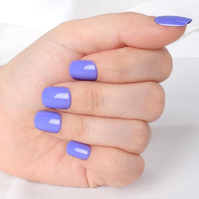 Lavender Blue Press On Nails Short, Glossy Soft Gel Press On Nails Square with Nail Glue, 15 Sizes - 30 Fake Nails Kit, Thick Natural Reusable Glue On Nails for Women, Evening Wisteria