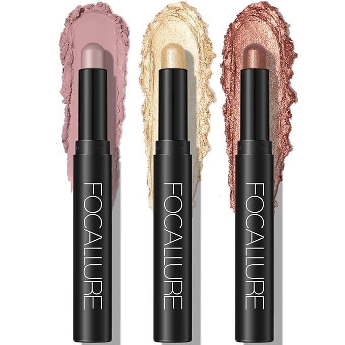 FOCALLURE 3 Pcs Cream Eyeshadow Stick,Shimmer Eyeshadow Pencil Crayon,High Pigmented Crease-proof Eye Shadow Brightener Sets,Long Lasting Eye Shadow Highlighter Stick(Burning Sky)
