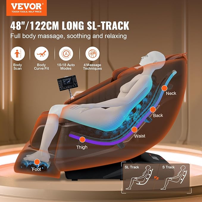 VEVOR Full Body Massage Chair, SL-Track Zero Gravity Massage Recliner, 3D Shiatsu, Body Scan, Heating, Bluetooth Speaker, Airbags for Living Room, Home