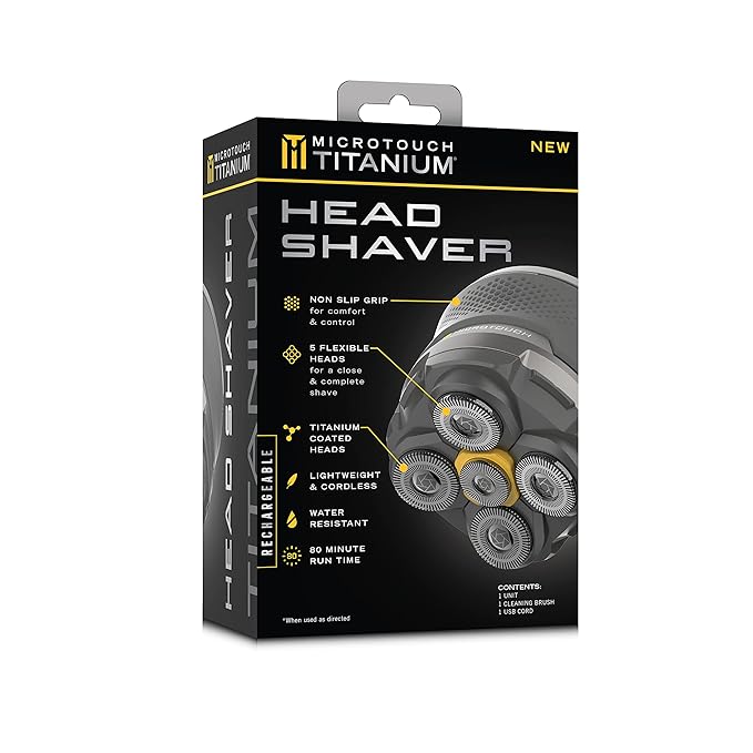 Microtouch Titanium Electric Head Shaver - Rechargeable Head and Face Shaver for Men, Cordless Razor, Hypoallergenic Wet/Dry Shaving, Precision Head Trimmer, Lithium Power, Battery Powered