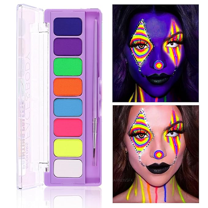 MEICOLY 8 Colors Water Activated Eyeliner Palette, Neon Face Paint Colored Retro Hydra Liner,Matte Eyeliner UV Blacklight Halloween Blue White Body Paint Corpse Bride Halloween Sally Cosplay,01