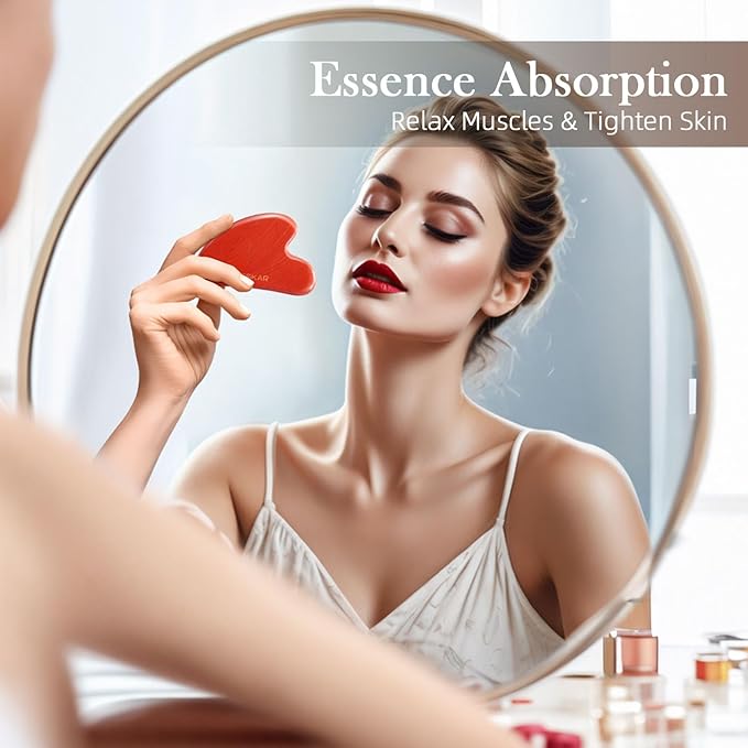 BESKAR Gua Sha Facial Tools, Natural Jade Stone Guasha Massager for Jawline Sculpting, Tighten Face Skin and Reduce Wrinkles, Face Eyes Body Neck Massage Tool, Skin Care Gift (Red)