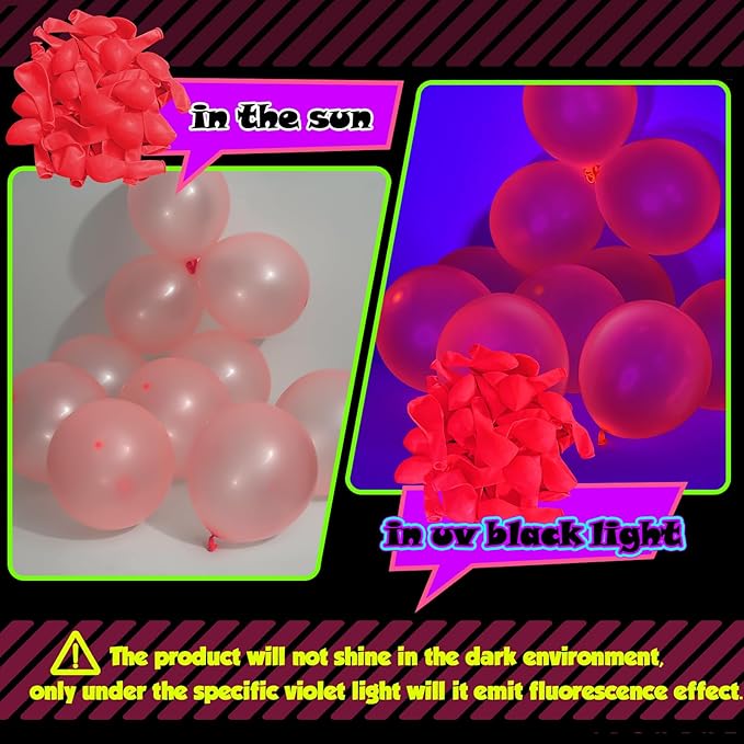 100 Pcs UV Neon Red Balloons 12 inch Neon Party Supplies, Balloons, Glow in the Dark for Birthday, Graduation, Baby Shower,Wedding, Anniversary Valentines Party Decorations