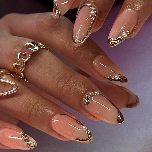 24Pcs French Tip Press on Nails Short Almond Fake Nails 3D Pearls Rhinestones French Line Full Cover Gold False Nails Designs Glue on Nails Glossy Artificial Nails for Women Acrylic Nail Decoration