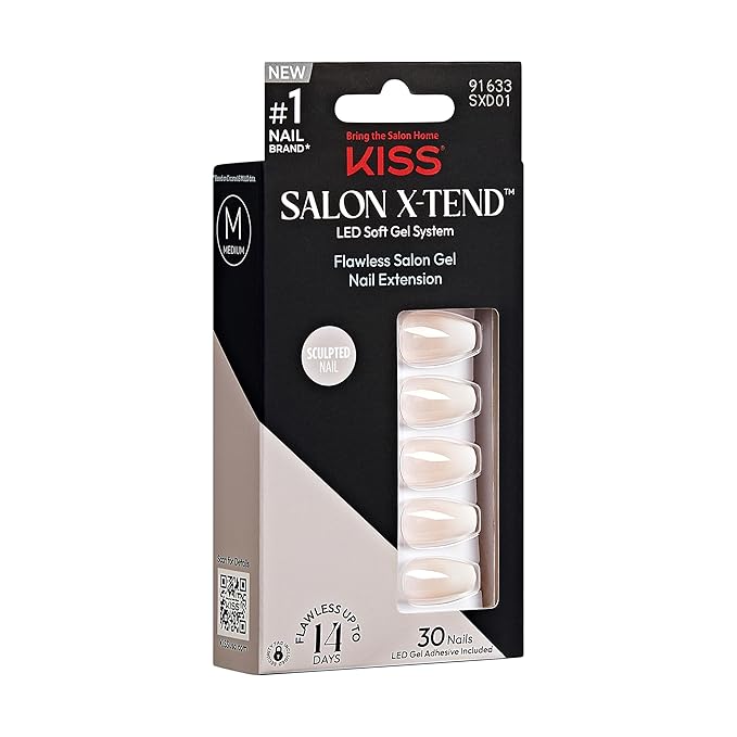 KISS Salon X-tend, Press-On Nails, Nail glue included, 'Words', Light White, Medium Size, Coffin Shape, Includes 30 Nails, 5Ml Led Soft Gel Adhesive, 1 Manicure Stick, 1 New Mini File, New Prep Pad