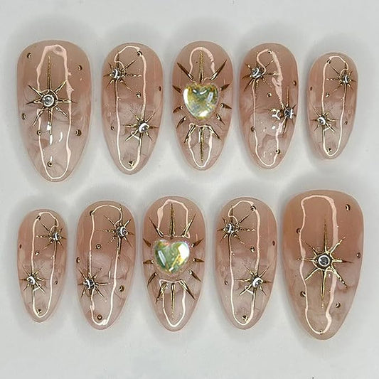 24Pcs Almond Press on Nails Medium Length Gold Star Fake Nails with Heart Diamond Designs Full Cover Nude Gradient Acrylic Nail Sun Stars False Nail Rhinestones Stick on Nails for Women