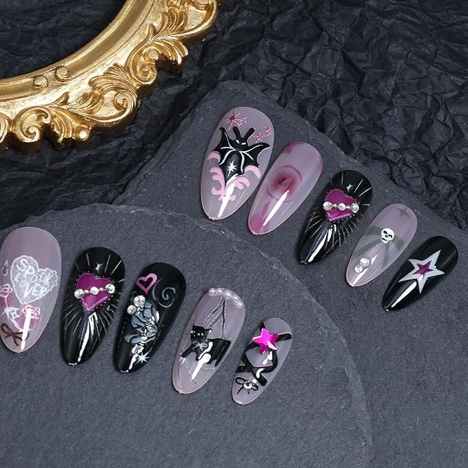 24Pcs Cute Cat Nails Halloween Press on Nails Medium Almond Fake Nails with Gothic Bat Heart Bow Rhinestones Design Glitter Y2k False Nails Black Pink Full Cover Artificial Glue on Nail for Women DIY
