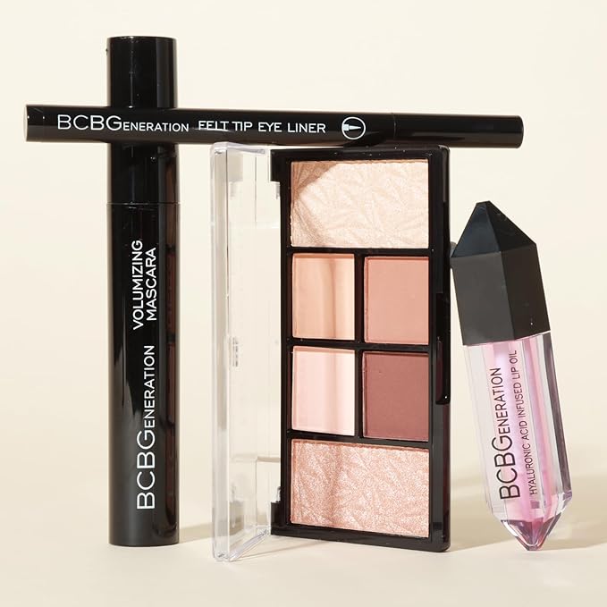 Natural Complete Eye and Lip Set - Includes Eyeshadow Palette, Eye Liner, Mascara, Lip Oil - 4 pcs