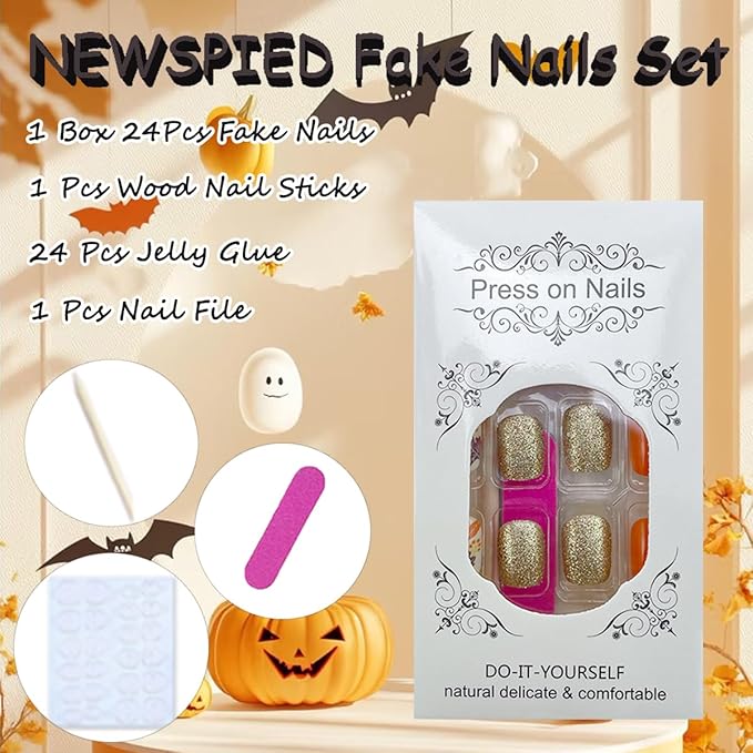 24Pcs Fall Nails Press on Nails Short Square NEWSPIED Autumn Thanksgiving Fake Nails Leaves Wave Point Design Fall Glue on Nails Gold Glitter False Nails Full Cover Stick on Nails for Women Girls