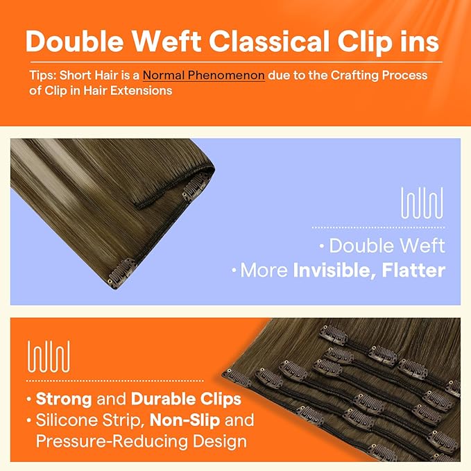 Full Shine Clip in Hair Extensions Ombre 20 Inch Chestnut Brown to Platinum Blonde Real Human Hair Extensions Clip ins Double Weft Clip in Extensions Remy Hair 7 Pcs 120 G