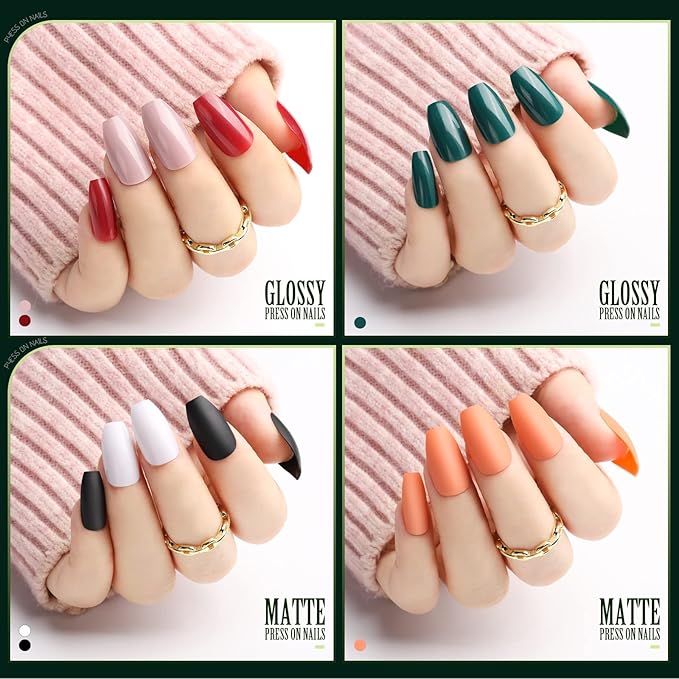 Teenitor 24 Pack 576 PCS Press On Nails Medium Length Coffin Glue On Nails, Coffin Shape Press On Nails Set, 12 Colors Coffin Matte Press On Nails, 12 Colors Glossy Press On Coffin Nail